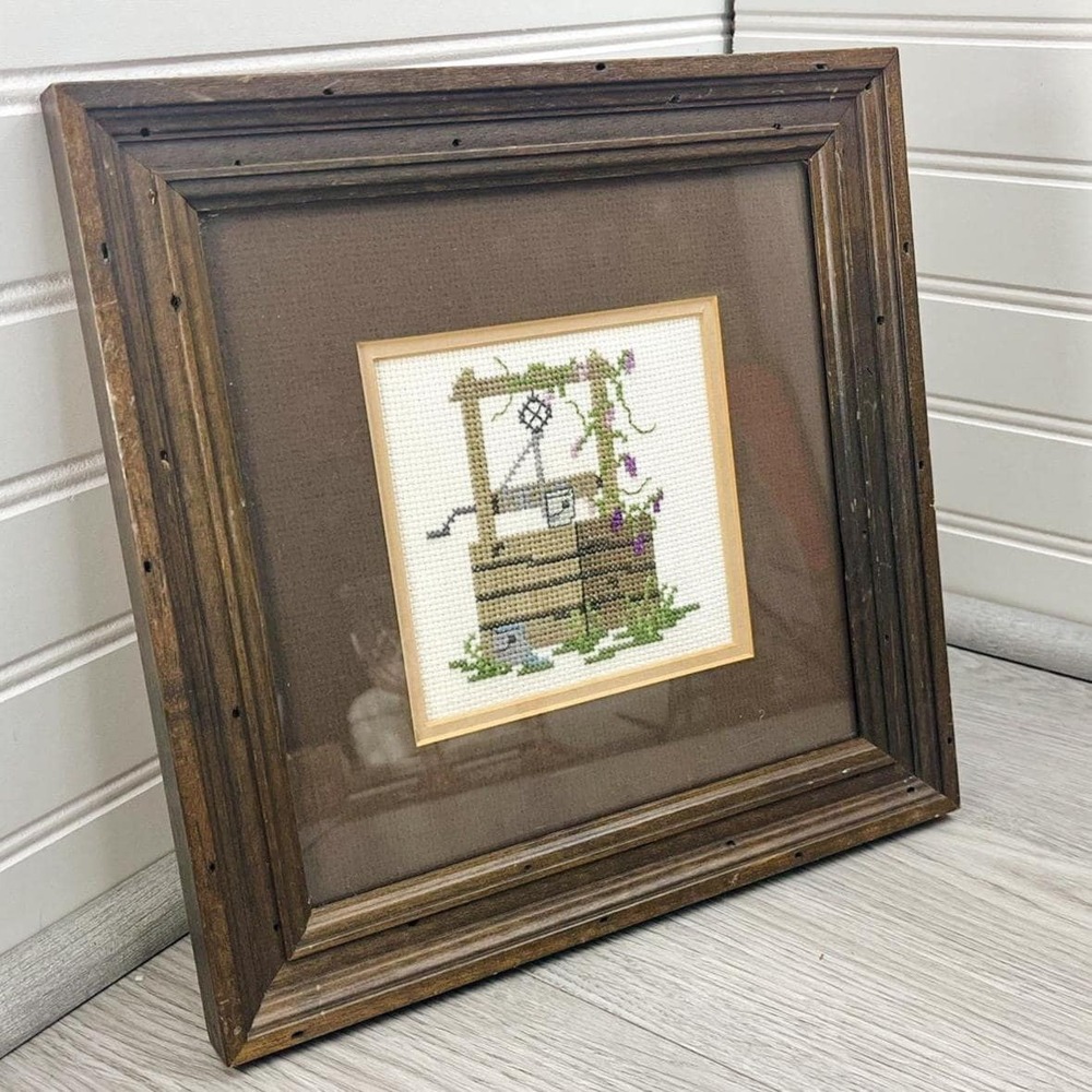 Vintage Framed Needlepoint Wall Hanging: Country‎ Farmhouse Well Embroidery